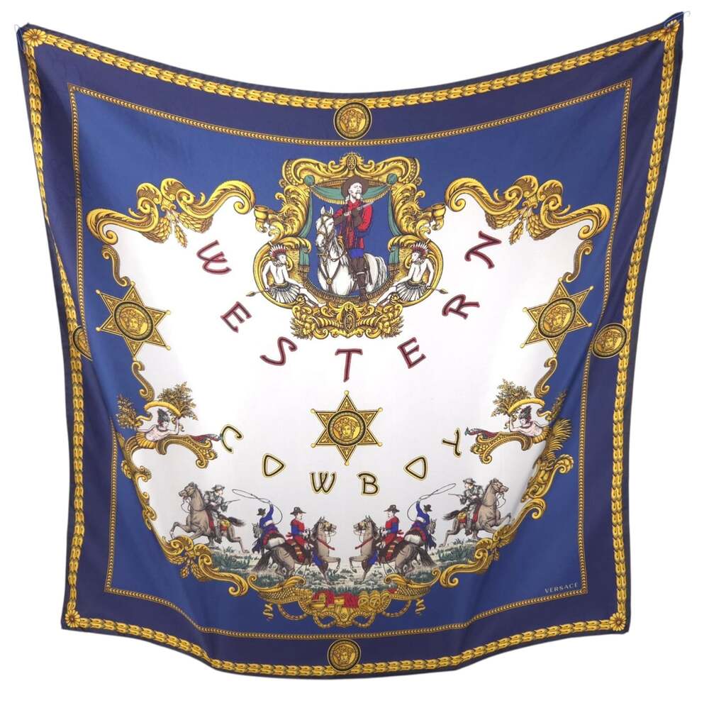 Versace Western Baroque Medusa Silk Scarf 35" x 33.5" Womens Blue Gold $495